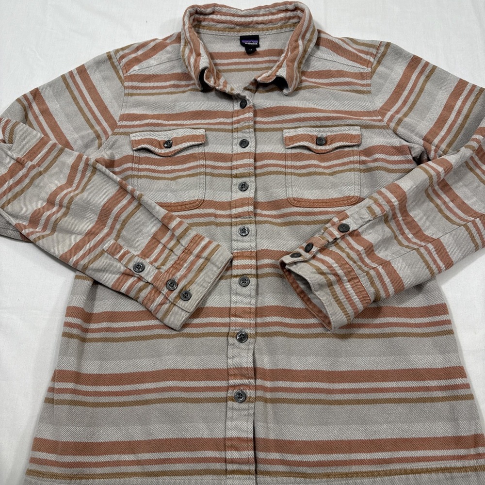 FLANNEL SHIRT FJORD Patagonia WOMENS 14 L/S Plaid Organic Cotton Grey STRIPES